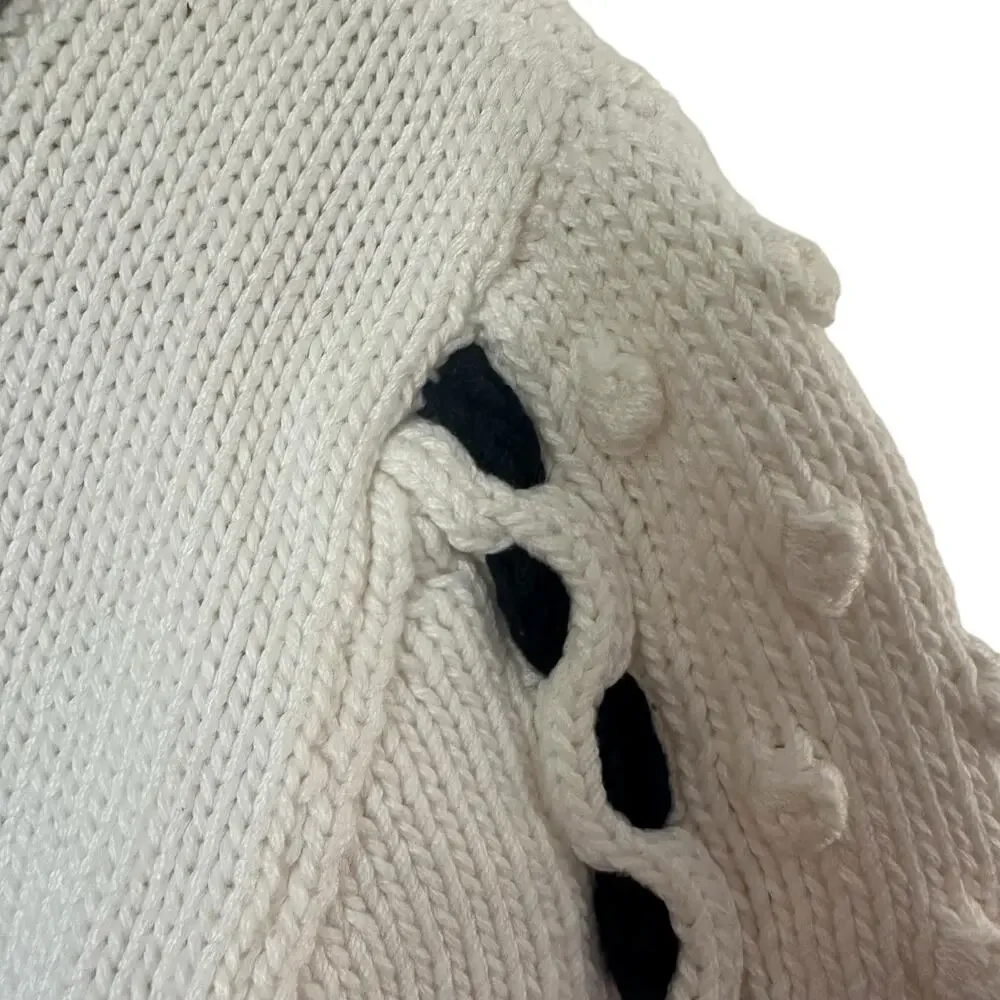 Vintage Hand Knit French Girl Preppy Coastal Short Sleeve Sweater With Pom Poms - Picture 7 of 12